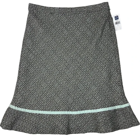 NEW Gap A-Line Skirt Womens 8 Wool Blend Tweed Velvet Trim Flounce Hem Lined Y2K - Picture 1 of 10